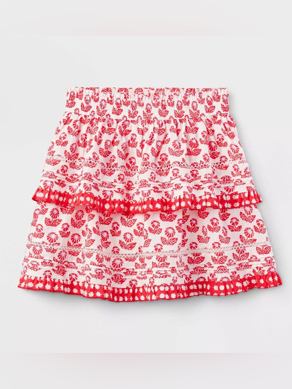 Roller Rabbit X Target Red Floral Tiered Cotton Smocked Waist Mini Skirt Small
